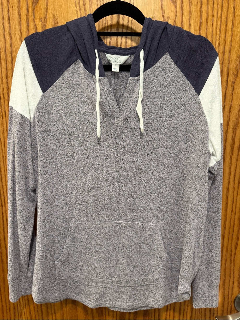 Market & Spruce Heather Gray Hoodie with Navy and White Accents
